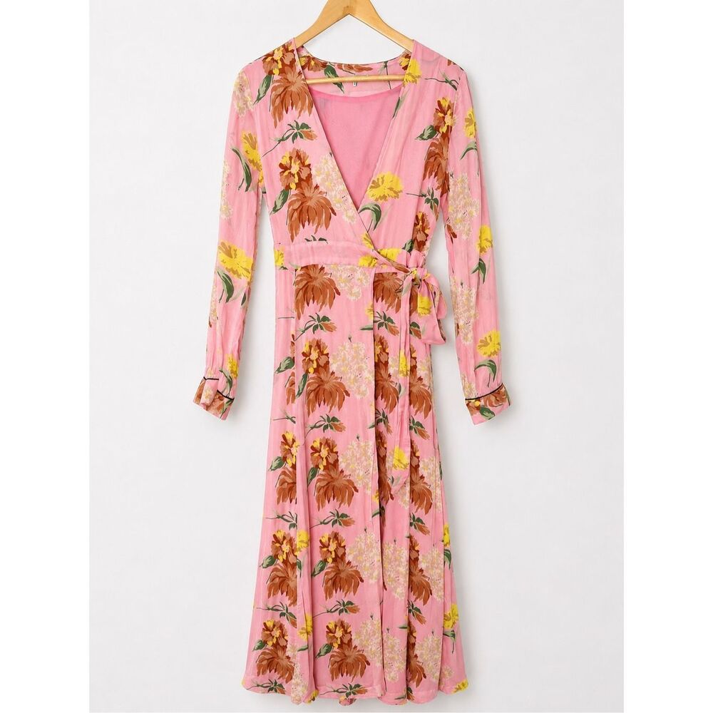 Ganni Floral Wrap Dress Women’s 38/US 6 Pink Long Sleeve Midi Soft Girl Romantic
